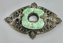 Art Deco Molded Faux Jade Green Czech Art Glass Filigree Silvertone Brooch