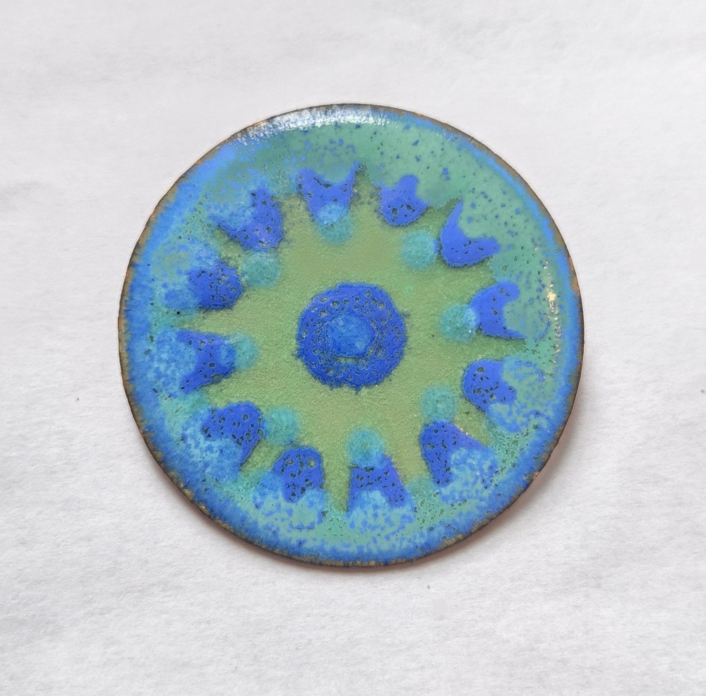 Vintage Mid Century Enamel on Copper Brooch Blue & Green Gjedde Denmark