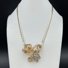 Vintage Blue Rhinestone & Faux Pearl Pendant Necklace & Clamper Bracelet Set