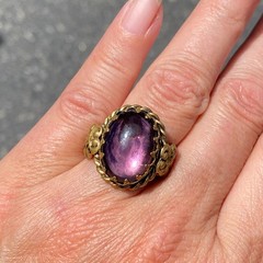 Vintage Ring Czech Glass Purple Cabochon Twisted Brass Adjustable Filigree Bezel