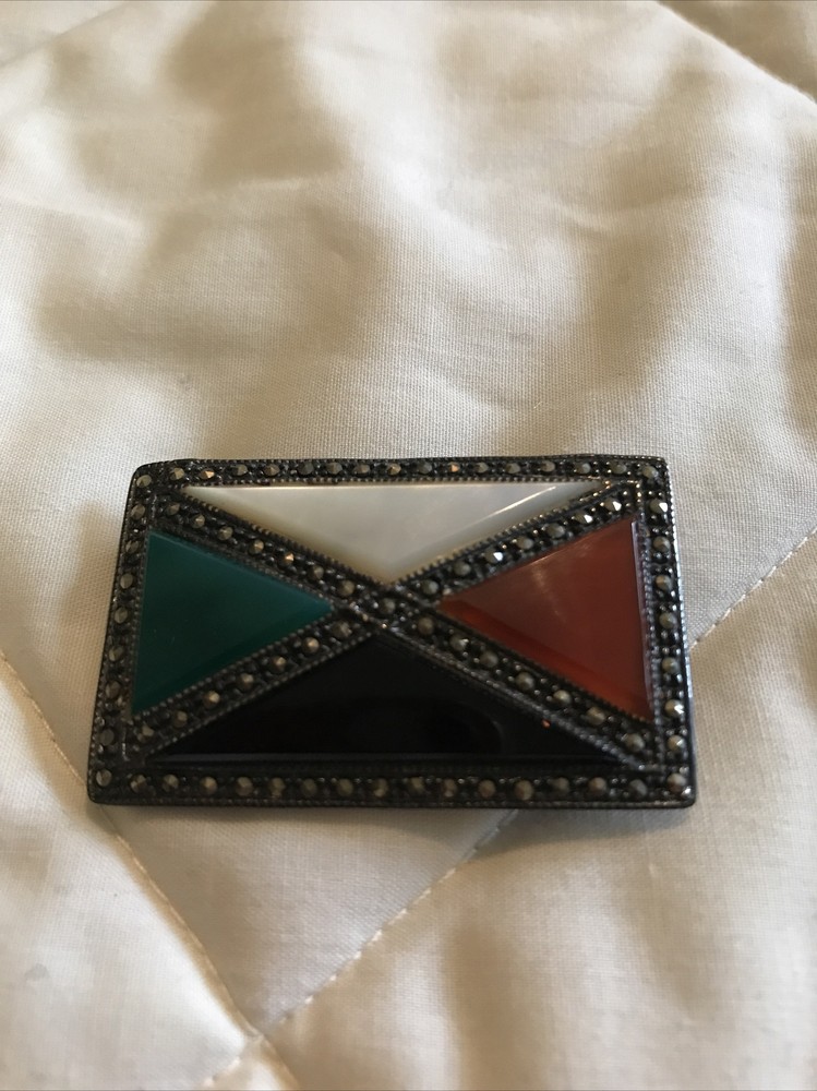 Vtg Marcasite rectangle 4 Faux Faceted Glass stone brooch
