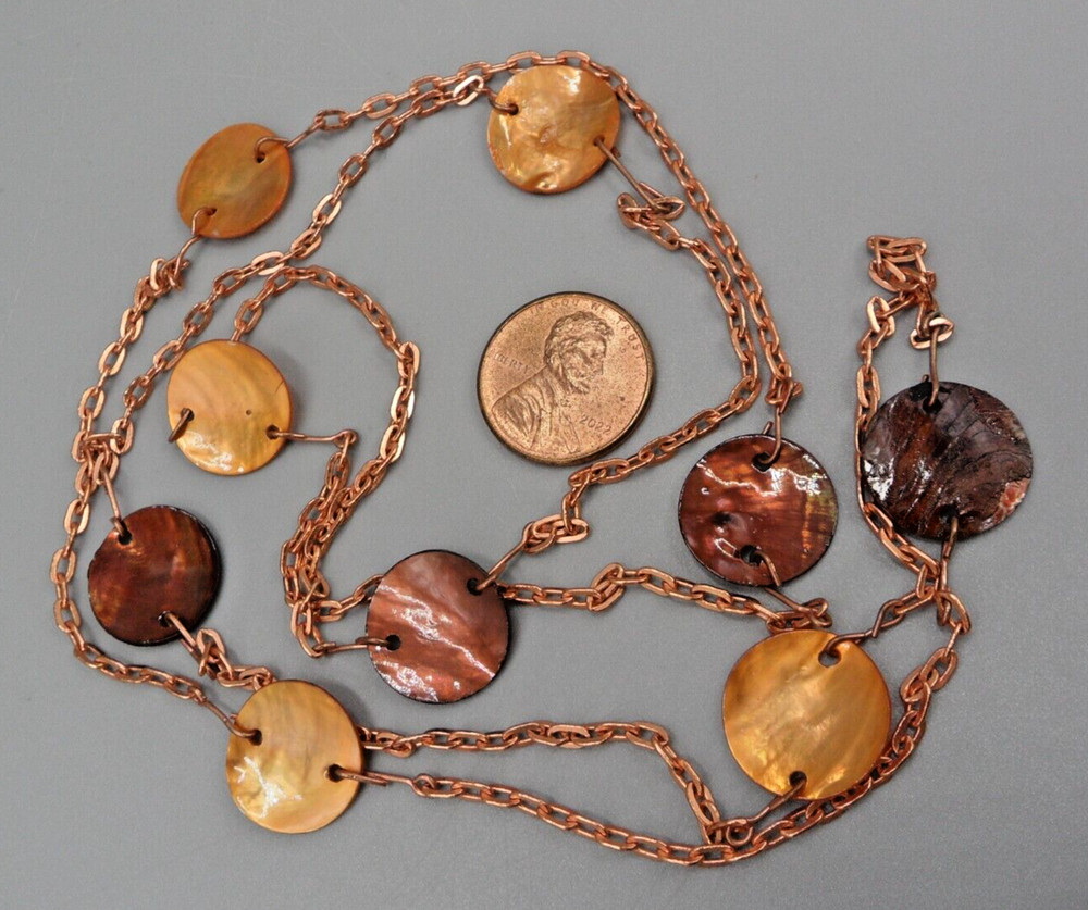 Copper Shell Disc Station Necklace Mother of Pearl Cable Chain Vintage 36″