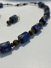 Lapis Lazuli & Tigers Eye Gems Necklace 20” Pierced Earrings 1 3/4” By 1/4”