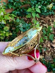 VINTAGE HUGE MASSIVE STATEMENT 10K GOLD MARQUISE LEMON GREEN QUARTZ CITRINE RING