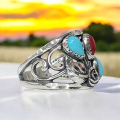 Wheeler MFG Sterling Silver Sleeping Turquoise Coral Diamond Cut Rose Leaf Ring