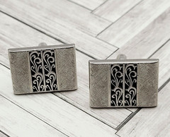 SWANK Vintage 1970 to 80s Silver Tone Textured Finish Filigree Center Cufflinks