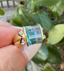 VINTAGE 14K YELLOW GOLD CHECKERBOARD PRISM CUT BLUE TOPAZ DIAMONDS RING DESIGNER