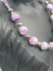 Vintage Purple Silk Wrapped Bead Necklace White Swirl Silver Tone Spacers 22″