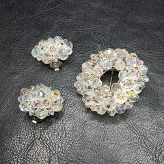 Vintage Pin Brooch And Earrings Set AB Crystal. 14.576