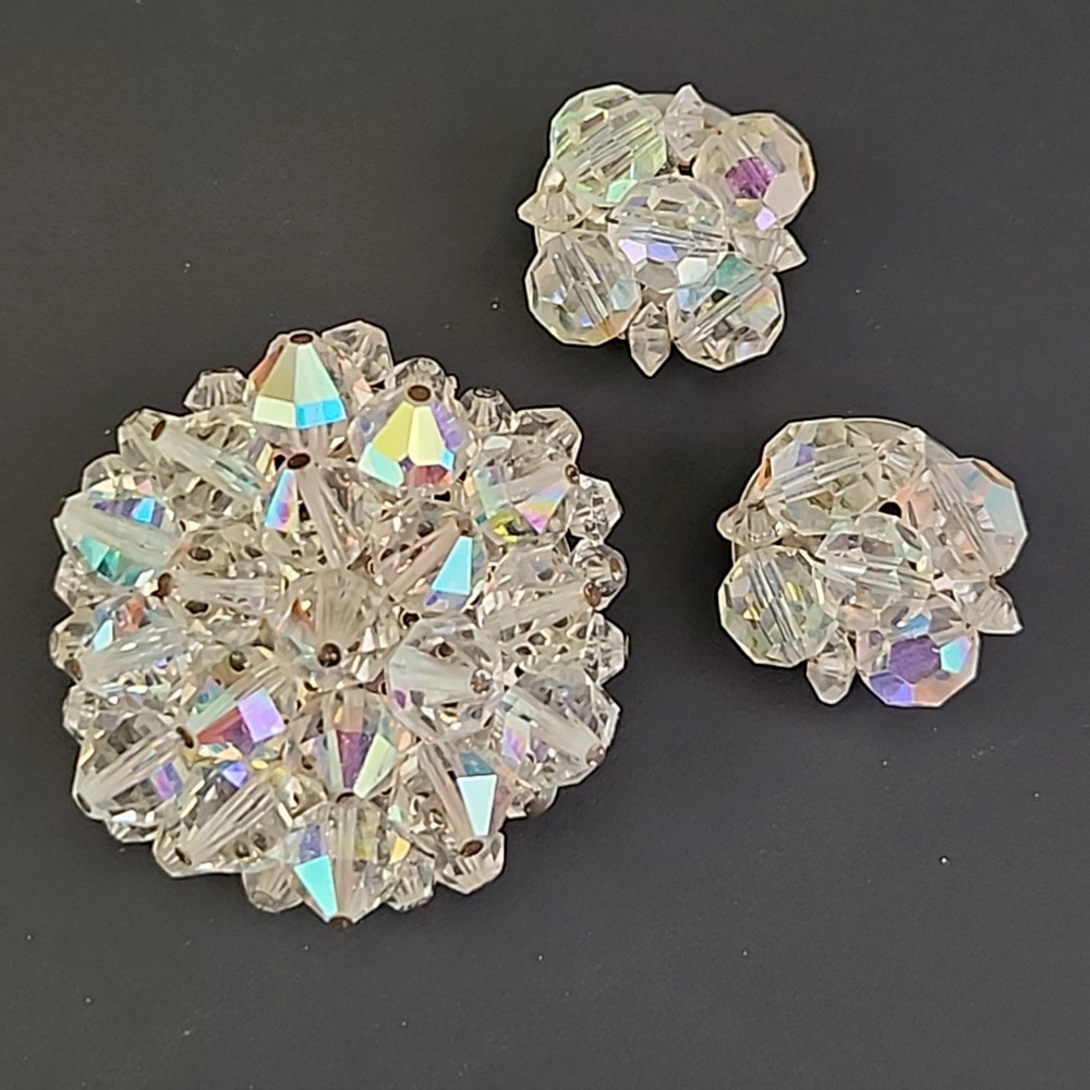 Aurora Borealis Glass Brooch Clip On Earrings Set Cluster Clear