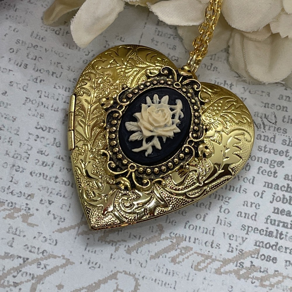 Gold Heart Locket Victorian Anniversary Wedding Cream Black Rose Cameo Necklace
