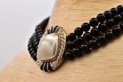 Vintage Black Bead Faux Pearl Rhinestone Enamel Multi Strand Choker 1980s BinBH