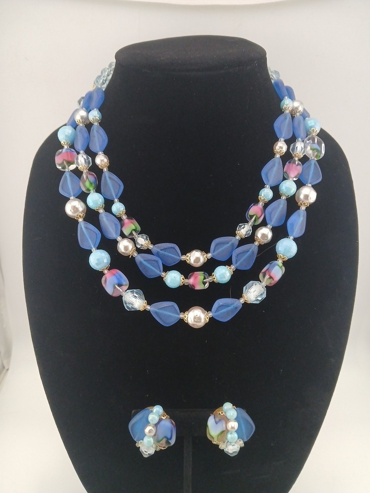 W.GERMANY goldtone IRIS GLASS multicolor beads pearls necklace earrings set