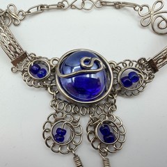 Vintage Silver Tone Slave Bracelet Ring Set Blue Cabochon Stone Boho Filigree