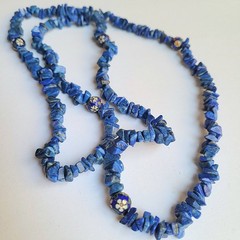 VTG Blue Lapis Sodalite Chip Cloisonne Enamel Beads Flower Necklace 34″ No Clasp