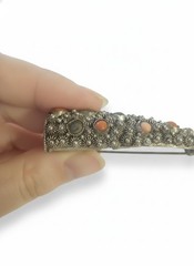 Antique 1930s Chinese Silver Filigree Nail Guard Brooch Turquoise Coral Art Deco