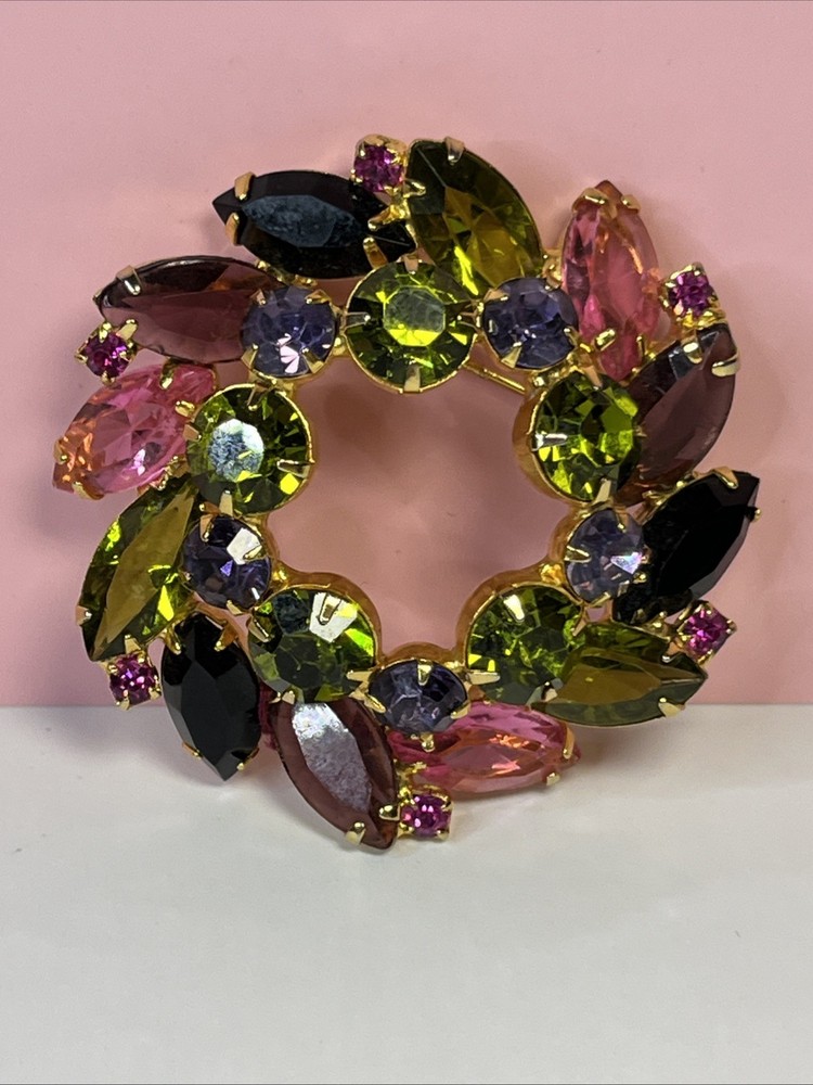 Vintage Wreath Brooch Fruit Salad Design D&E Juliana Multicolor Rhinestones