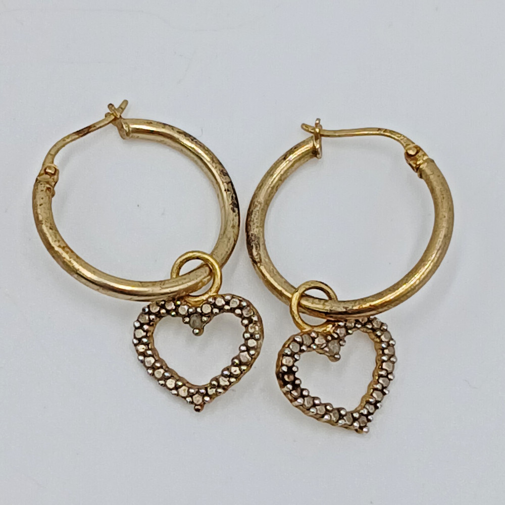 925 FAS Heart Charm Hoop Earrings 1.25in Vermeil Sterling Silver 2.94g Estate