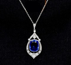 Art Deco 10.50Ct Sapphire Diamond Pendant Necklace 14K Gold 925 Silver