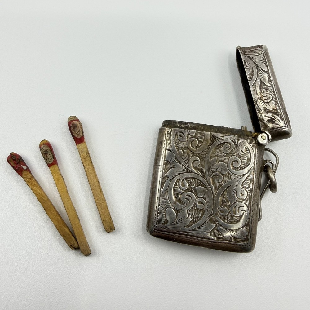 925 Sterling Silver Vintage Match Safe Antique Etched Scroll Vesta Case 14.8g