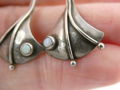 Vintage Artisan AB Signed Sterling Silver Opal Cabochon Earrings 5.2g 2.5 Inches