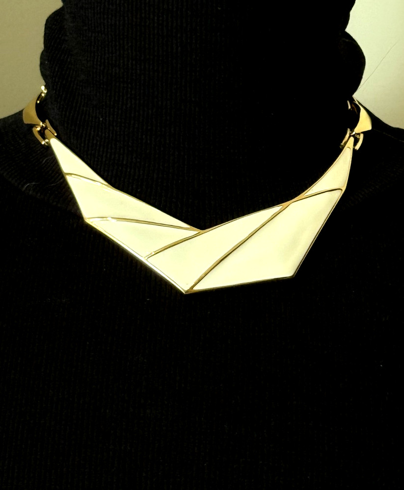 Vintage MONET Asymmetrical Ivory Enamel Gold-Tone Bib Collar Statement Necklace