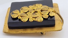 Antique Art Nouveau Gold over Brass Flower Black Glass Statement Runway Brooch