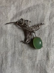 Vintage JJJ Signed Green Agate Sterling Silver Flower Brooch Pin