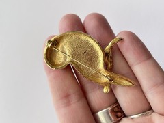 Vintage Owl Brooch Bird Pin Faux Pearl Belly Gold Tone W/ Rhinestones 2.5”
