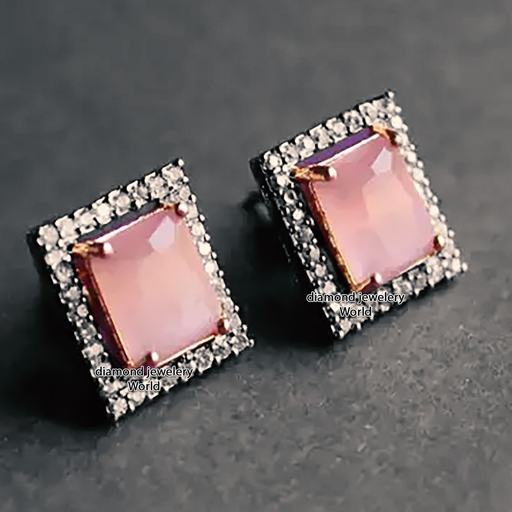 Victorian Style 0.69ct Rose Cut Diamond Rose Quartz Silver Studs Earring Jewelry