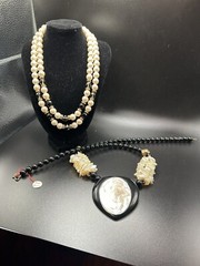 Lot of 2 Vintage Necklaces~Black & White Faux Pearl, Glass, Rhinestones, Plastic