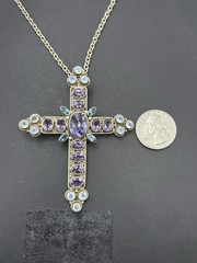 Vintage 20″ Sterling Silver 3.25″ Amethyst Moonstone Cross Necklace 33 Grams F24