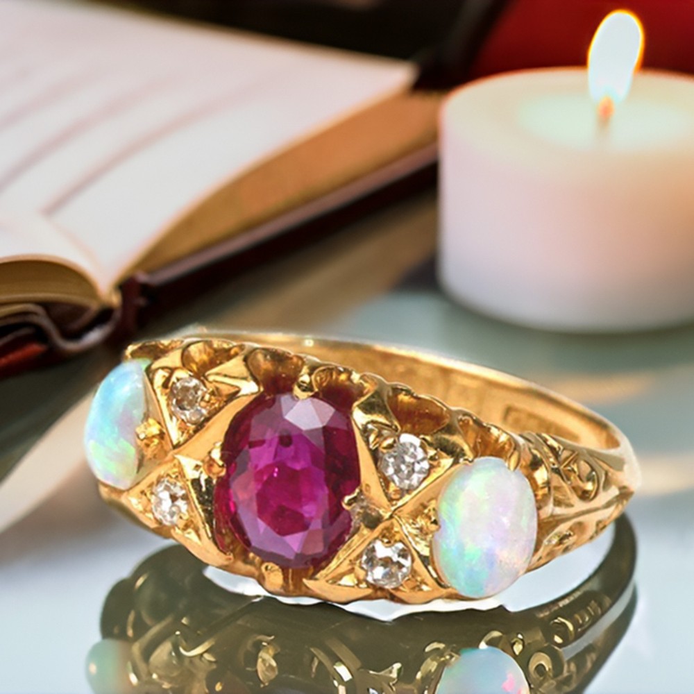 Vintage 18K Solid Gold Opal Diamond Ruby Ring, Made in England 1930, GIA Cert.