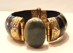 2 vintage India bone horn brass hinged clamper medallion cab gem bracelets