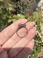 Natural Ruby & Diamond Three-Stone Ring | 14K White Gold | Halo Setting