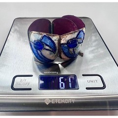 Andrée Bazot Paris Enamel Cuff Bracelet Earrings Blue Poured Glass Demi Parure