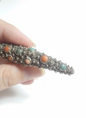 Antique 1930s Chinese Silver Filigree Nail Guard Brooch Turquoise Coral Art Deco