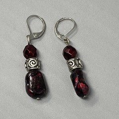 Beaded Dangle Drop Earrings Garnet Color Silver Tone Leverback Acrylic Pierced