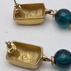Vintage Signed MO Blue Glass Teardrop Dangle Earrings Gold Tone 2.5in