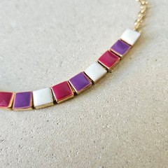 Vtg 80s Enamel Square Tile Choker Necklace Gold Tone Magenta Purple Cream Retro
