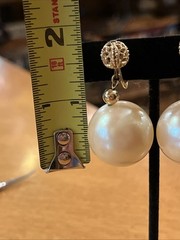 Vintage Napier Huge Pearl Cabochon Filigree Gold Dangle Drop Clip On Earrings