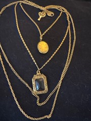 Vintage Layered Style Triple Strand Gold Tone Chain Necklace With Locket Pendant