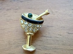 Vintage Lot of 2 Bar Pins Mini Top Hat & cocktail Pins rhinestones black enamel