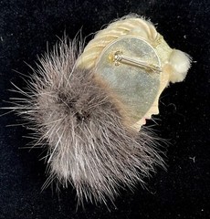 1980s Vintage Brooch Lady with Blonde Braid Bangs Headband and Brown Fur Collar