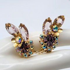 Glamorous AB Crystal Flower Floral Pale Rhinestone Climber Vtg Clip On Earrings