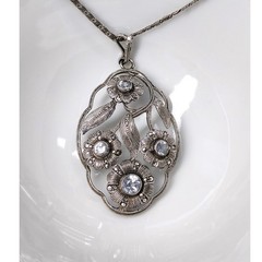 Vintage Klotz 935 Silver Spinel Marcasite Floral Pendant Necklace TEKA Germany