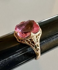 Art Deco Vtg Filigree Pink Cushion Jewel Ring 14K RGP Gold Clark & Coombs 7.5