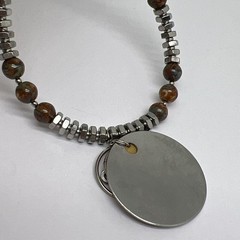 Vintage Modernist Geometric Disk Pendant Necklace Industrial Metal Resin Bead