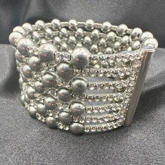 Vintage 90s Silver Tone Multi Row Bead Clear Glass Wide Cuff Statement Bracelet