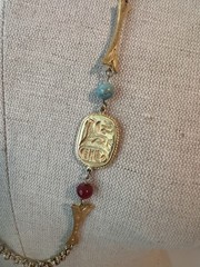 Vintage Egyptian Revival 46” Art Glass Bead & Hieroglyphic Tablets Necklace WOW!